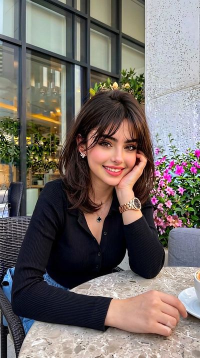 Young woman smiles warmly at cafe during golden hour