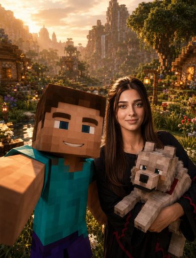 Steve takes a selfie with Rafa Franco holding a wolf
