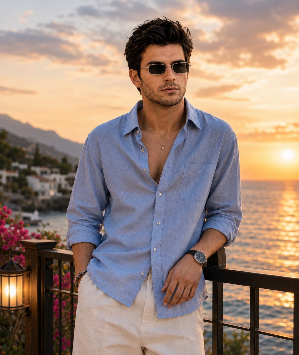 Young man in linen shirt leans on Mediterranean terrace railing during sunset