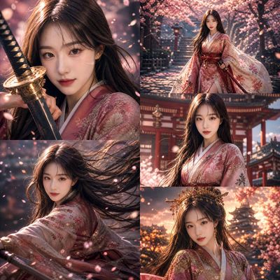 Warrior princess poses with katana beneath cherry blossoms