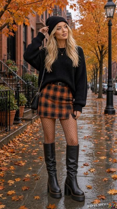 Goth girl in plaid skirt stands on wet autumn brick street