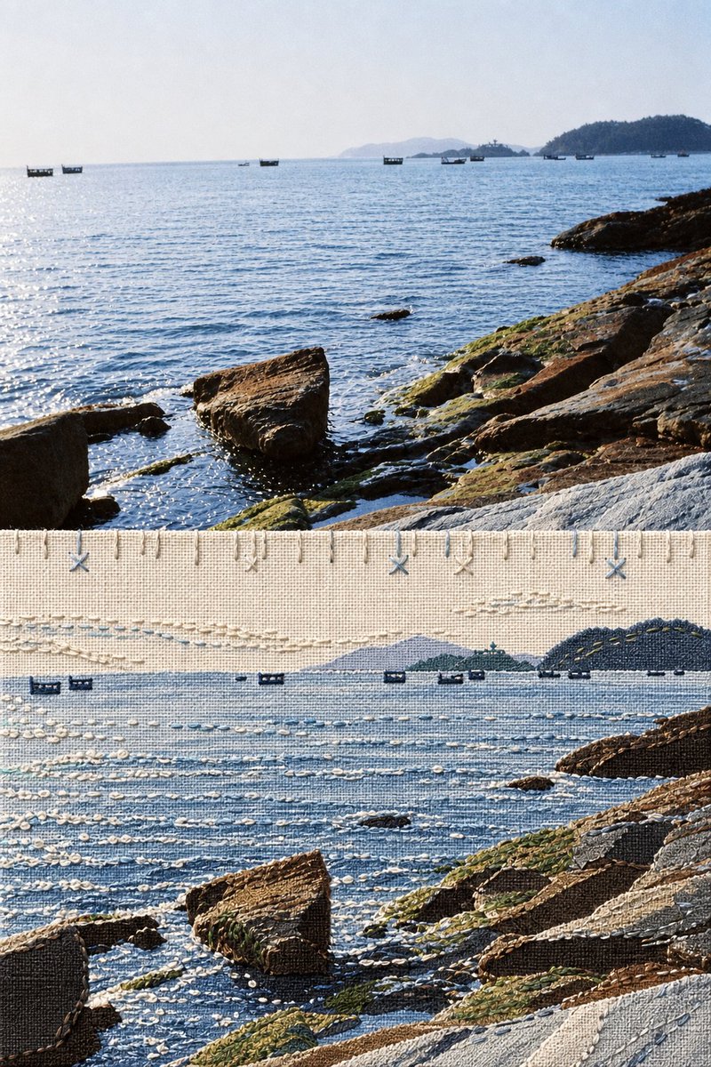 Handcrafted fabric collage reimagines Japanese travel scene with stitched layers