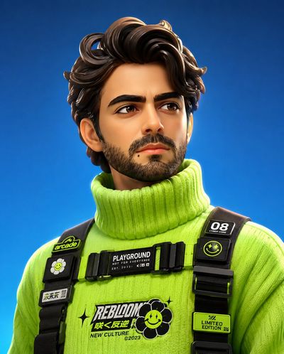 Neon green cyberpunk toy portrait glows against blue gradient background