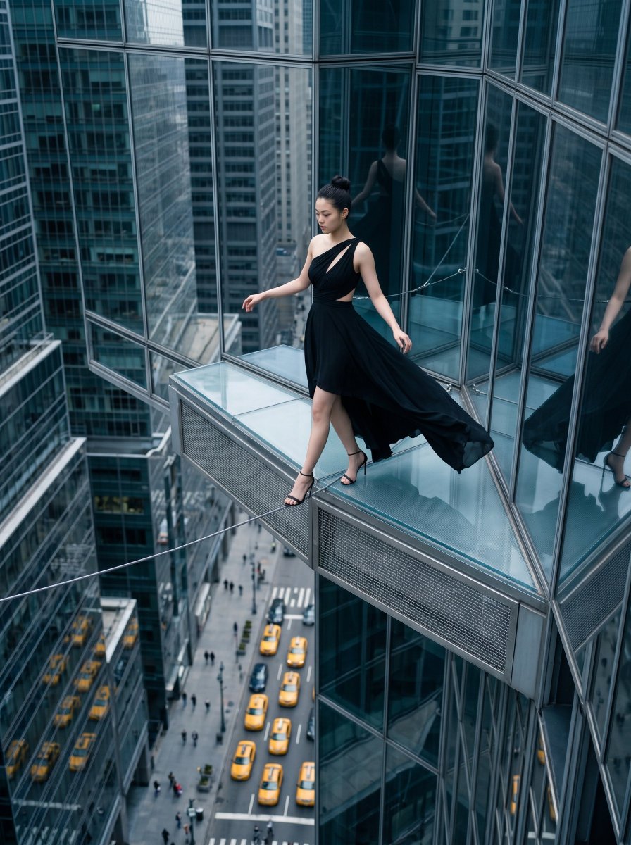Woman in Black Dress Tightrope Walks Above Bustling NYC Street