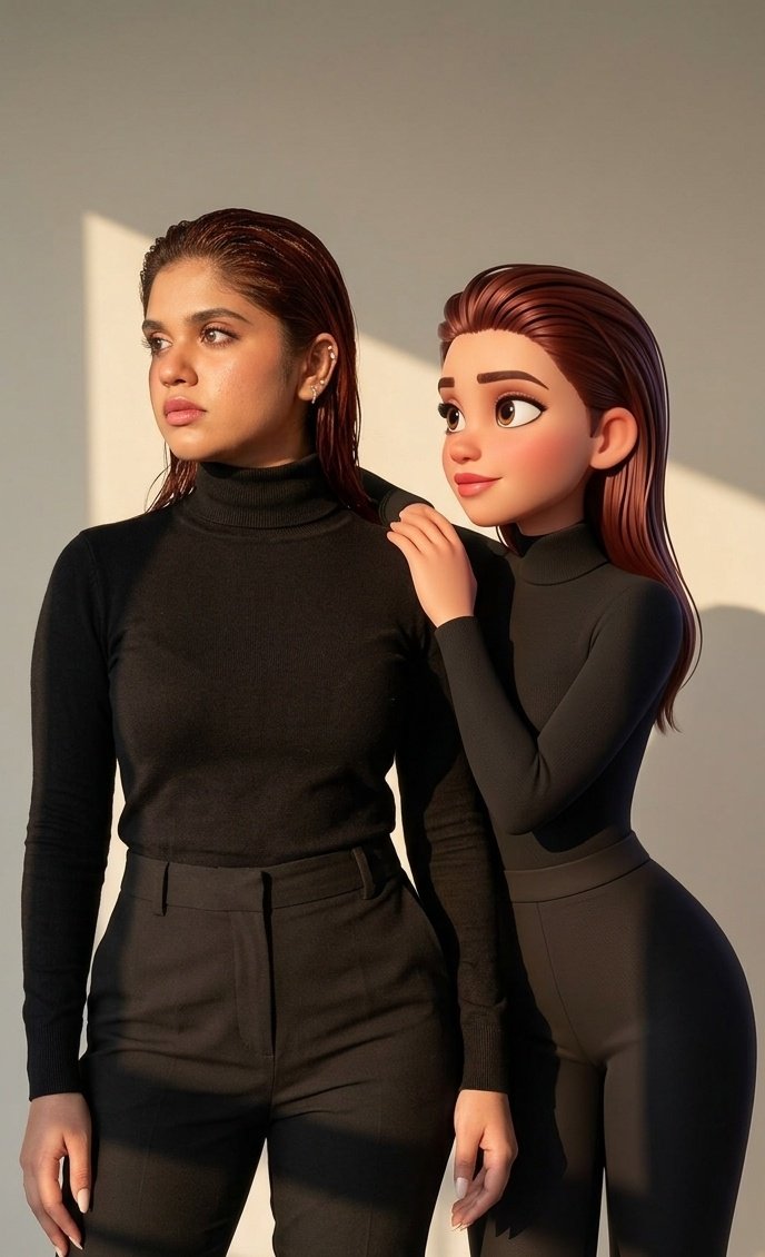 A woman explains to her Pixar twin that leather boots are not for borrowing.