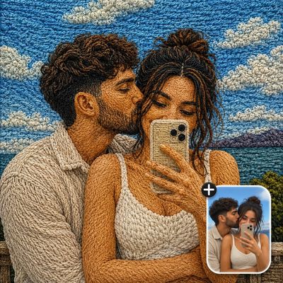 Embroidery transforms a couple's selfie into a textured tapestry.