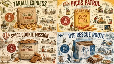 Mini characters launch from giant snack box on adventure map