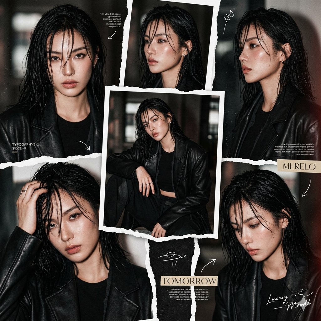 Woman with wet black hair poses in torn-paper collage frames.