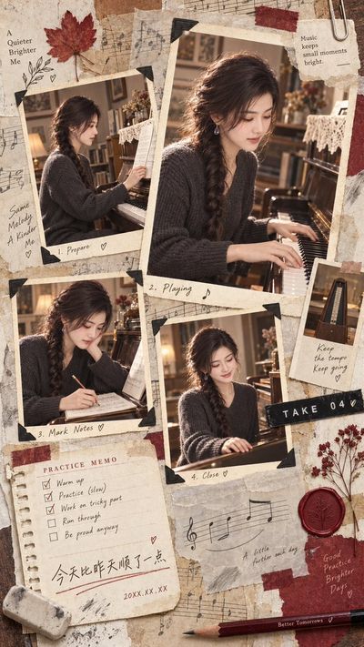 Vintage Piano Practice Journal Collage Captures Four Moments of Melody