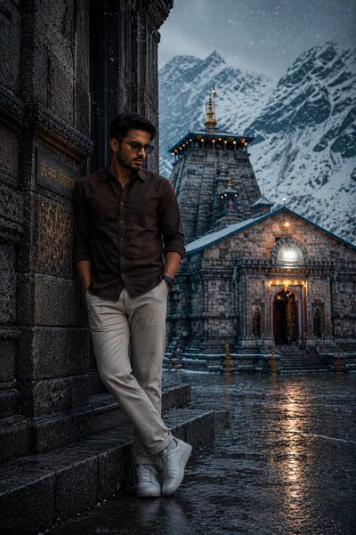 A solitary pilgrim sits on wet stone steps in Himalayan twilight.