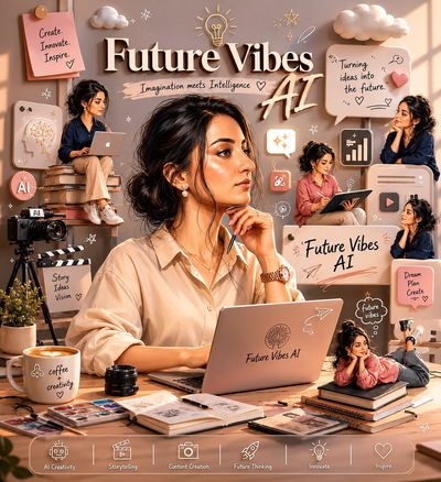 Cinematic creator woman works at dreamy Future Vibes AI desk