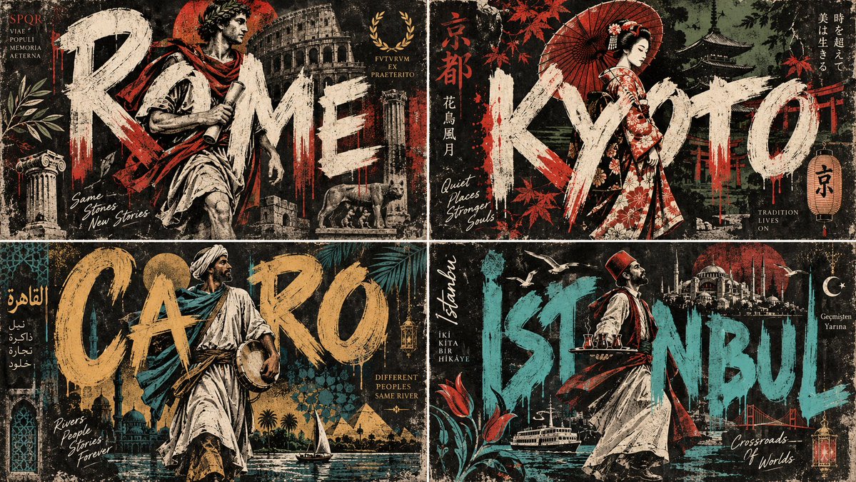Four historic cities rendered as street tribute posters in 2x2 grid
