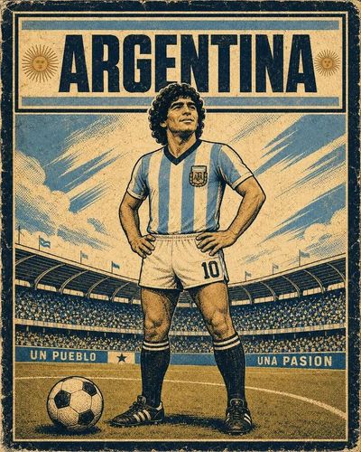 A determined footballer poses under a dramatic sky on a vintage poster