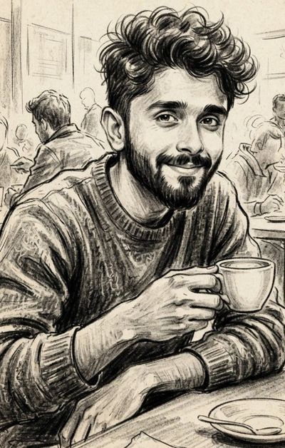 Charming man with messy hair smiles over coffee at cafe
