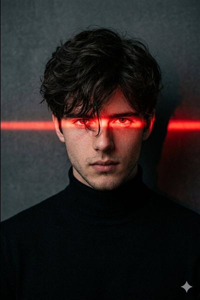 Man in black turtleneck stares intensely through red-lit shadows