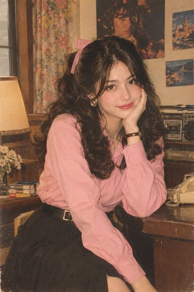 Woman in pink shirt poses in nostalgic 1980s Indian fashion portrait
