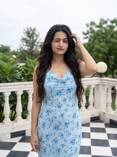 Young woman winks on balcony with checkered floor and floral dress