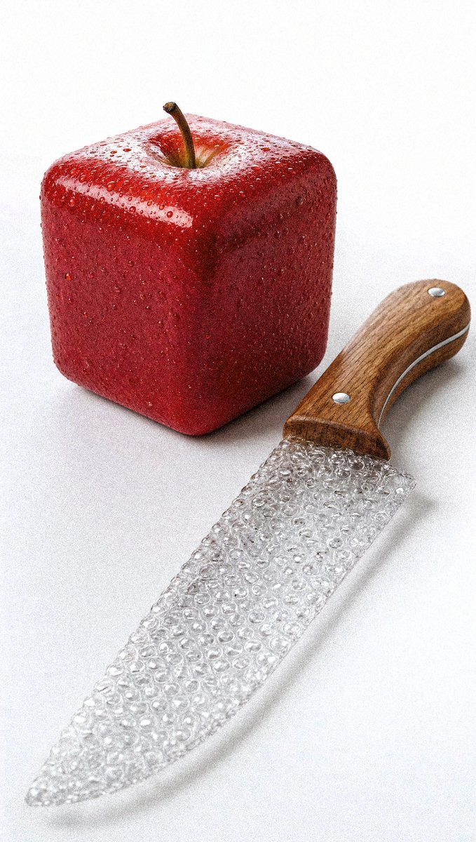 Cubic apple rests beside a bubble wrap knife on white