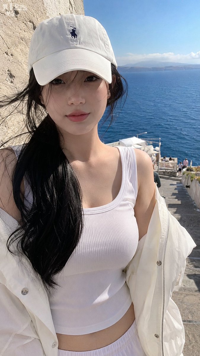 Young woman in white cap and jacket at seaside viewpoint