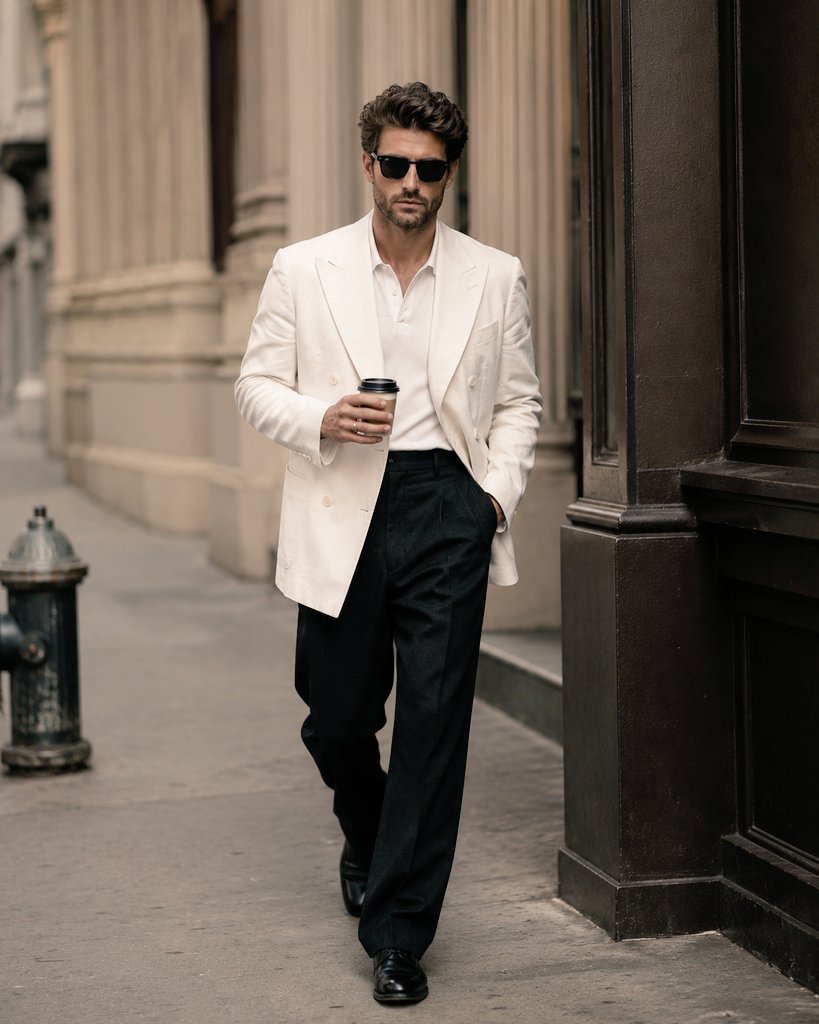 A stylish man in a white blazer walks confidently toward the camera