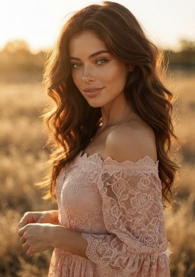 A young woman in a pale pink lace dress glows in golden hour light.