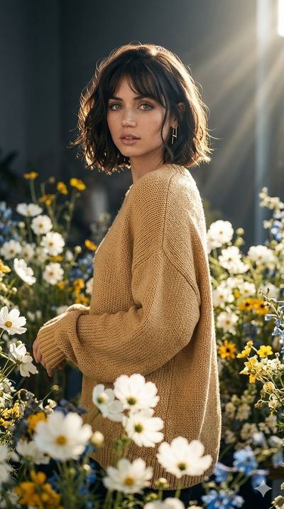 Woman in golden sweater turns toward camera in sunlit botanical studio