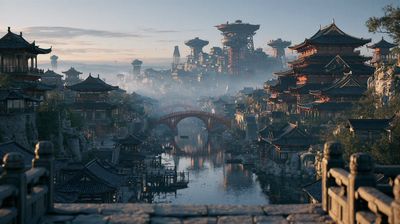 Golden Seam Warriors Guard a Black Lacquered Canal City at Dawn