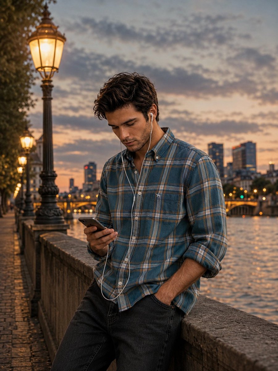 A handsome young man scrolls his phone by a glowing riverside