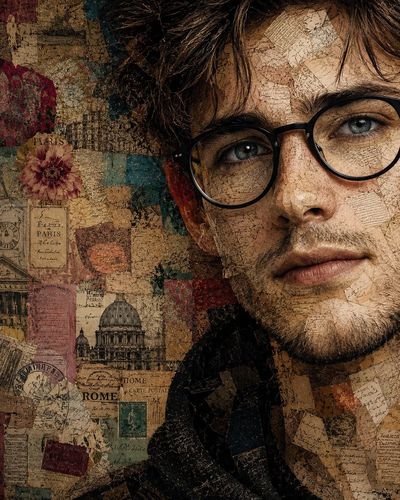 A warm collage portrait reveals a smiling man's weathered face.