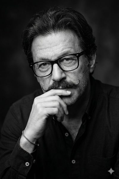 Contemplative Portrait of a Man with Handlebar Mustache in Black and White
