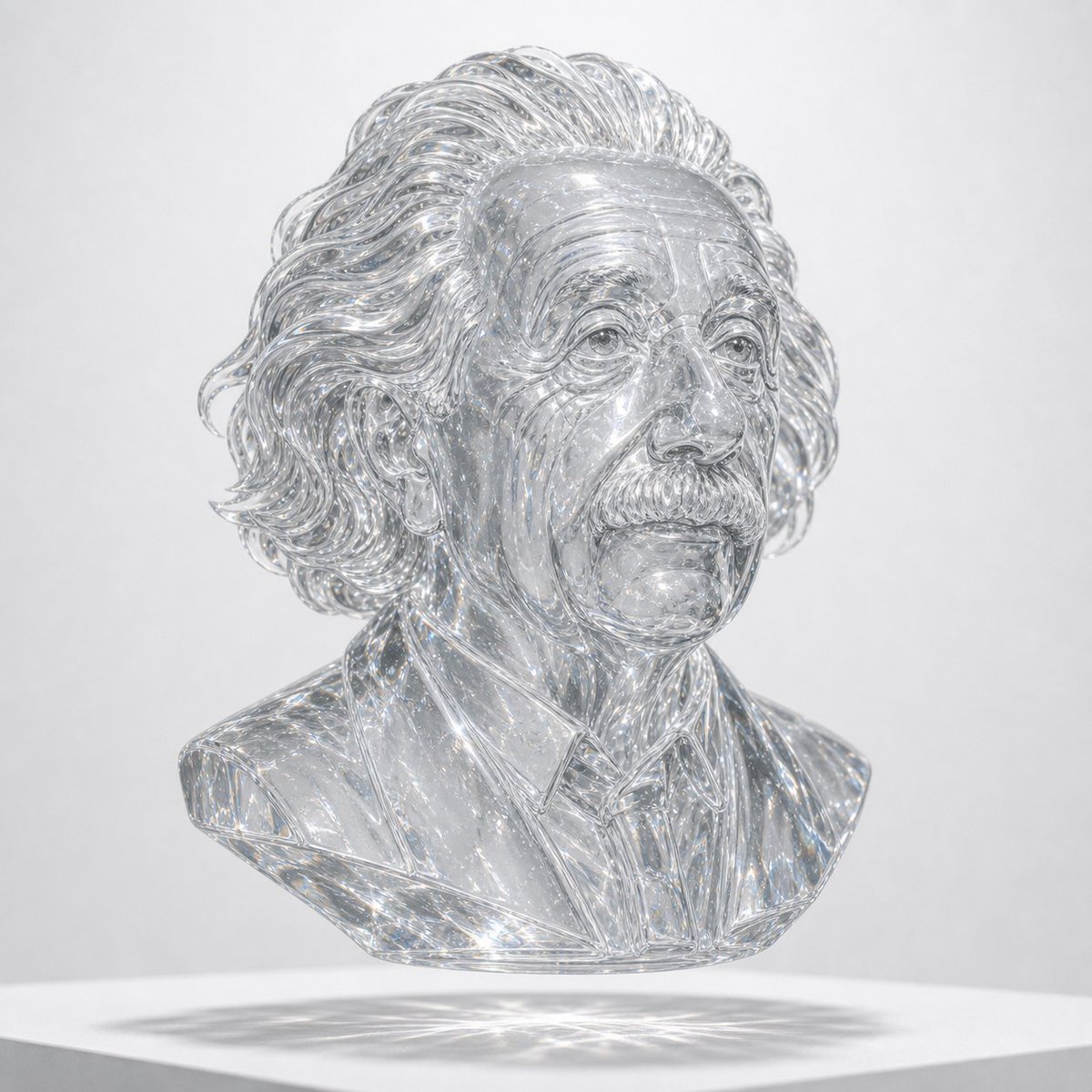 Transparent crystal bust of a thoughtful person floating above white surface