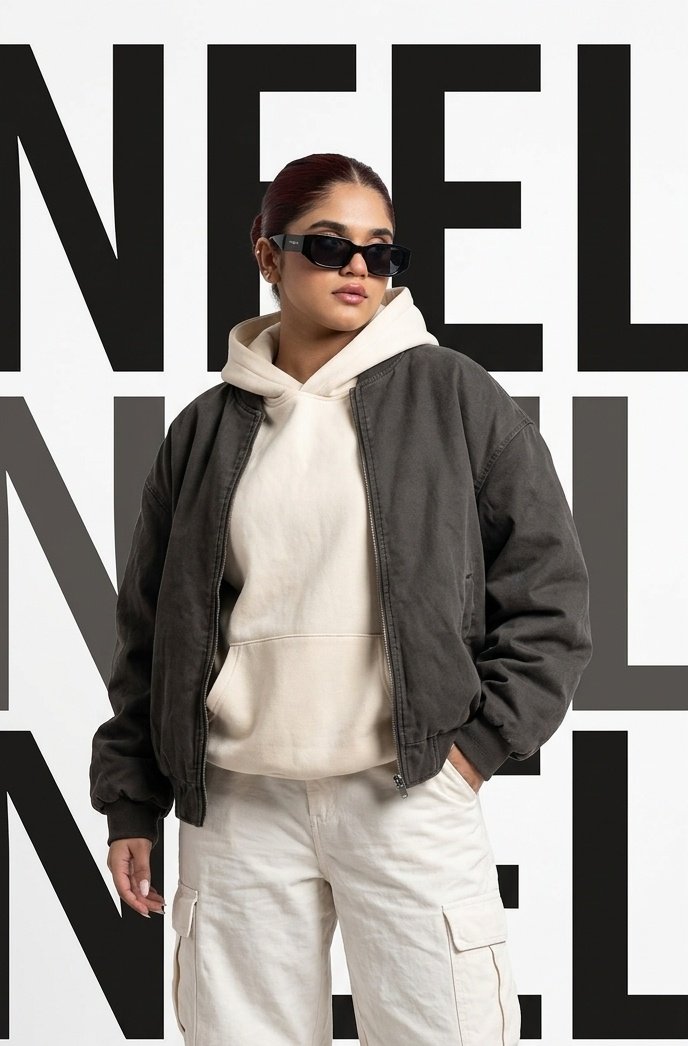 Bold typography frames a model in oversized Korean streetwear