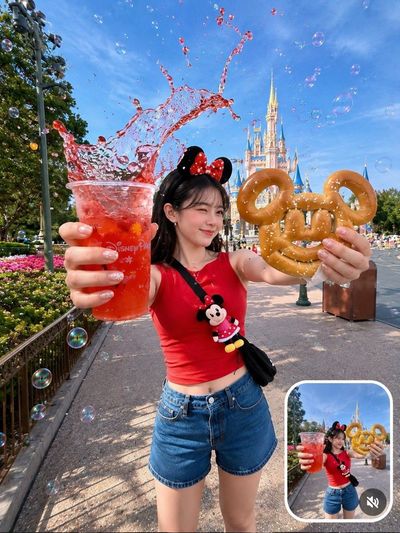 Korean girl holds giant Mickey pretzel and exploding berry soda