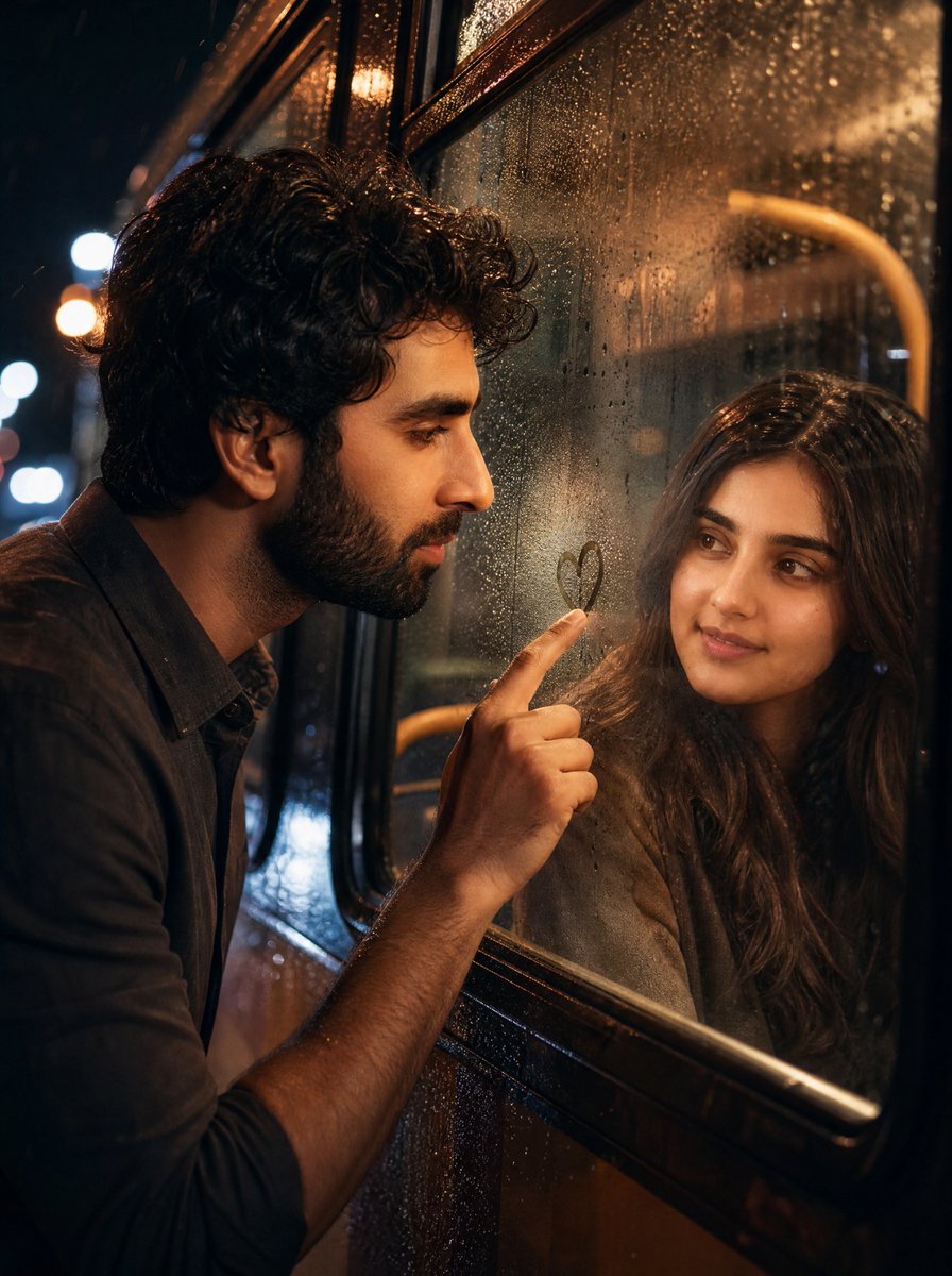 A man draws a heart on foggy bus window at night
