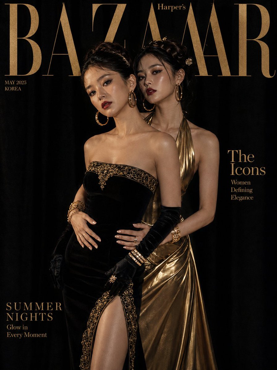 Two Korean models pose in black and gold gowns on velvet studio