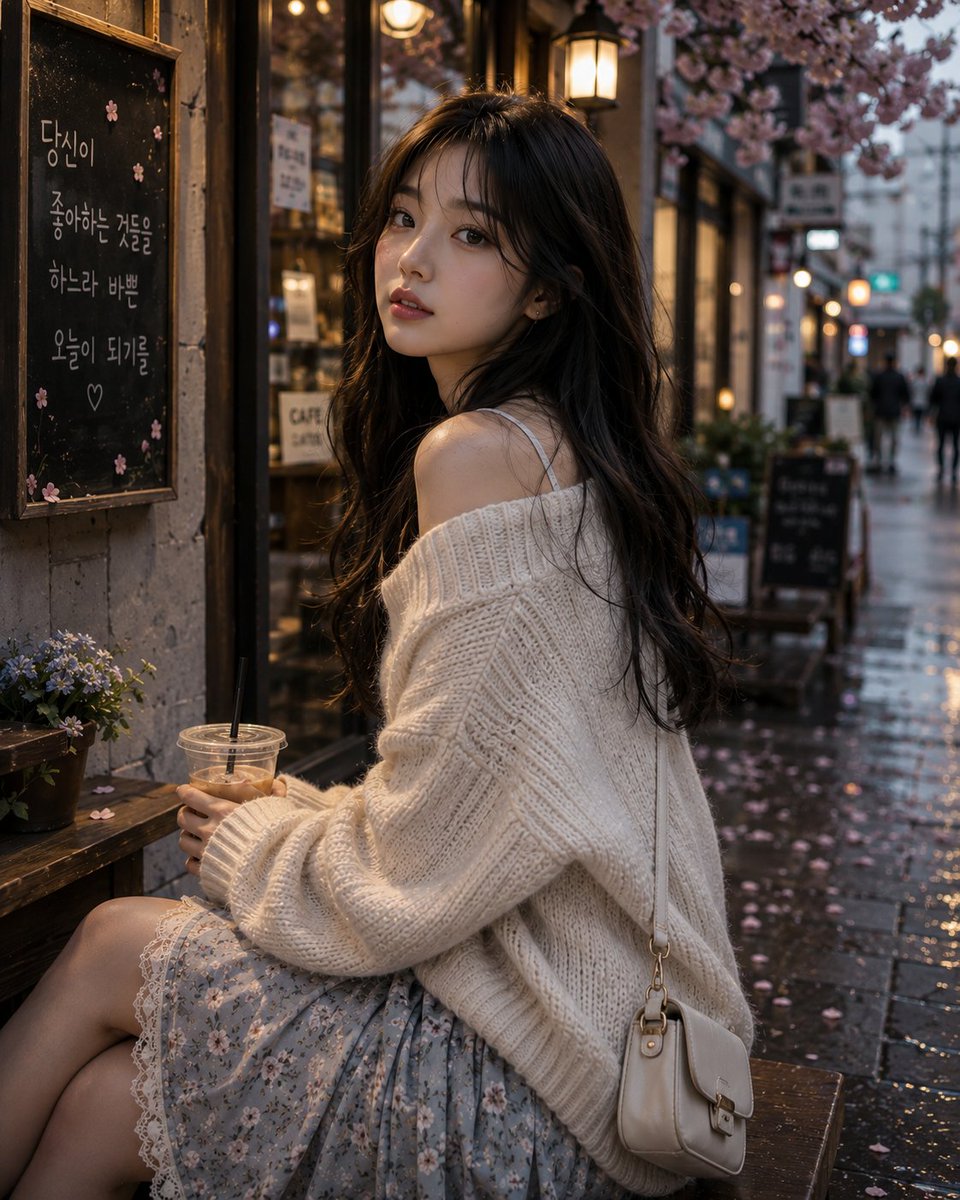 A woman in a cream sweater browses books as rain falls