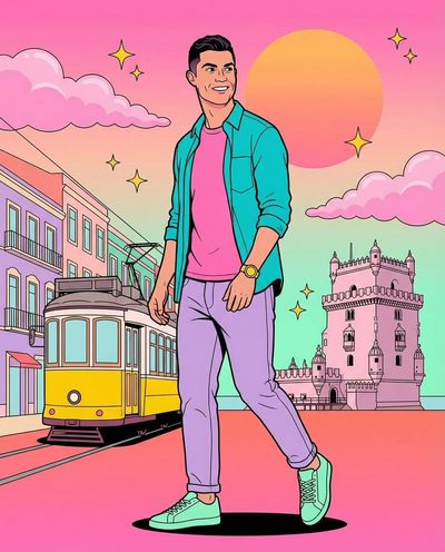 80s Pop-Art Portrait with Portugal’s Iconic Skyline in Neon Pastels