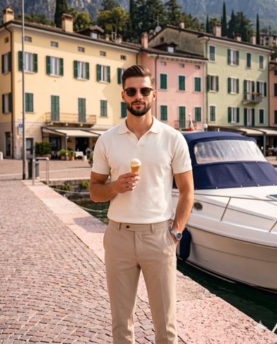 A confident man enjoys ice cream on a sunny dock