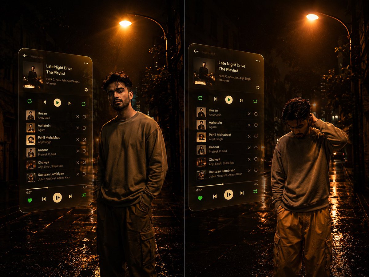 Young man stands in rainlit alley with holographic playlist