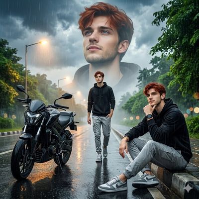 A young man's triple portrait on a rain-soaked road at dusk