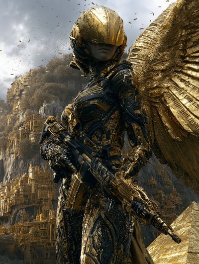 Golden winged warrior statue guards ancient hillside city under cloudy sky