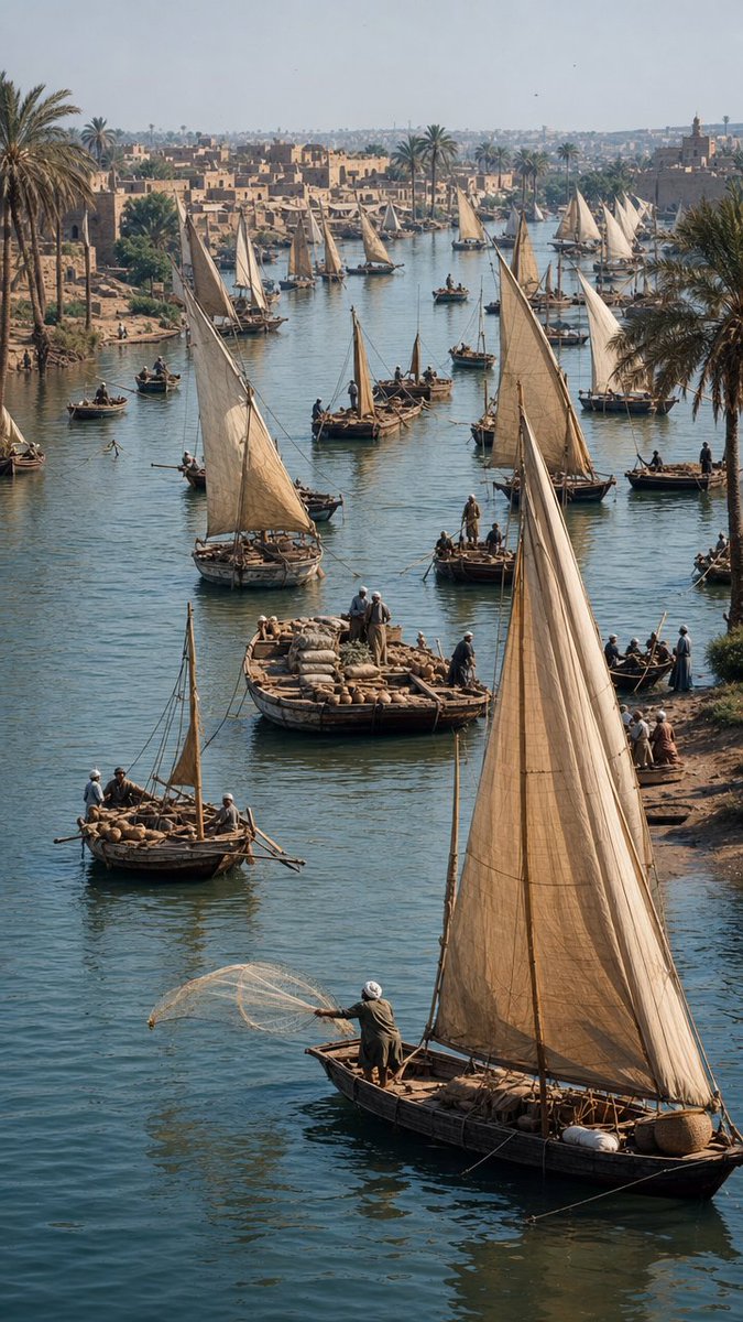 Feluccas glide along the Nile near Cairo in early morning light