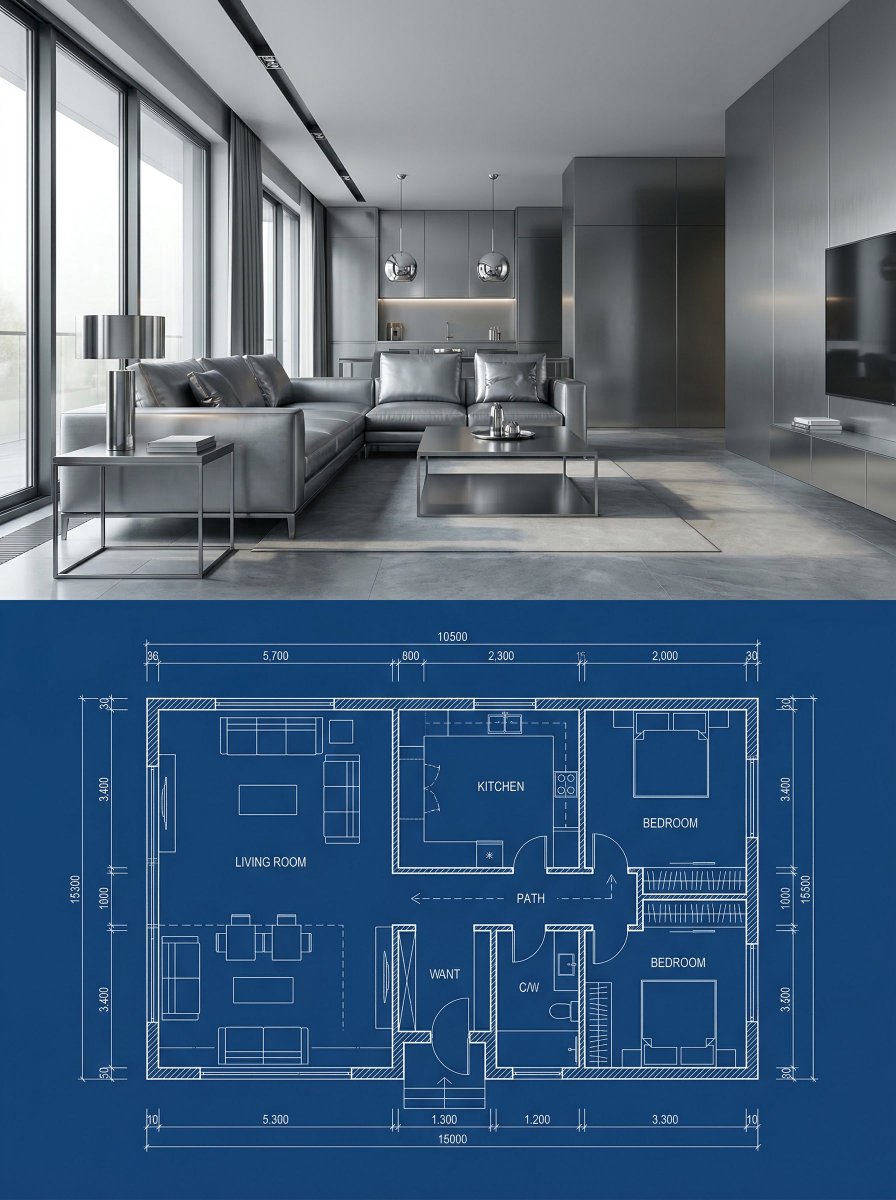 Metallic Modern: Interior Render Meets Architectural Blueprint