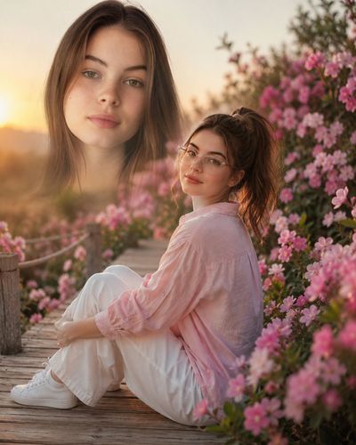Woman in pink shirt sits on boardwalk among pink flowers