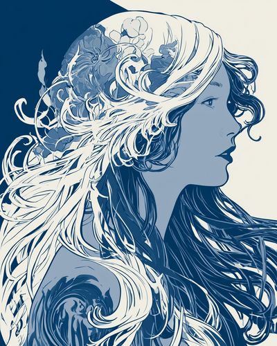 Flowing art nouveau lines capture a woman's elegant silhouette in duotone