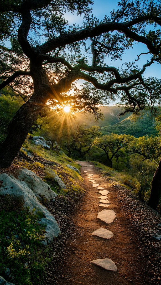 Golden sunburst illuminates ancient oaks along a winding forest trail.