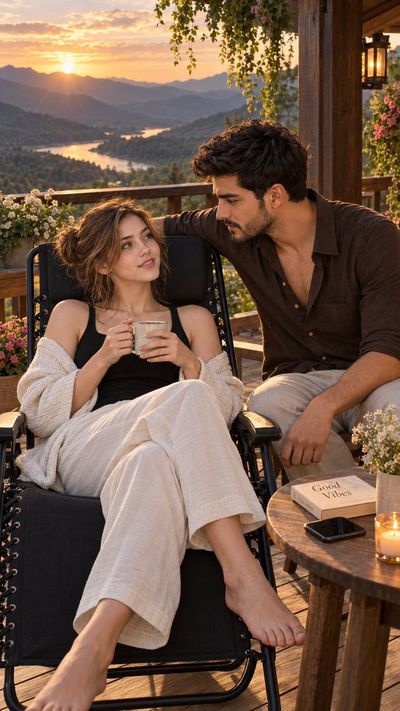 Couple shares quiet golden hour moment on mountain balcony