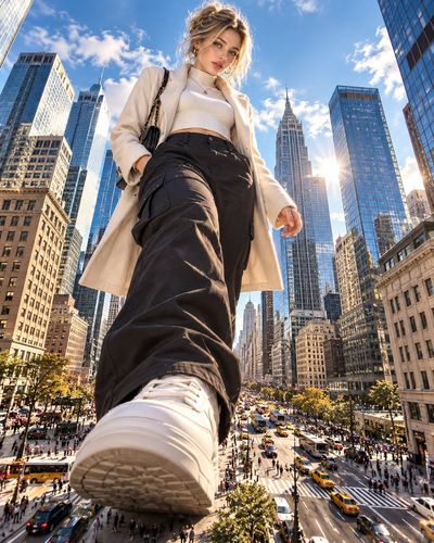 Giant Fashion Model Strides Over Miniature City in Surreal Photograph