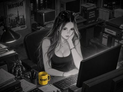 Lone anime worker sits in gray office lit by monitor glow