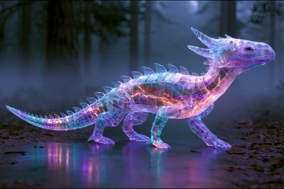 Translucent plastic figure glows with bioluminescent circuits in dark city